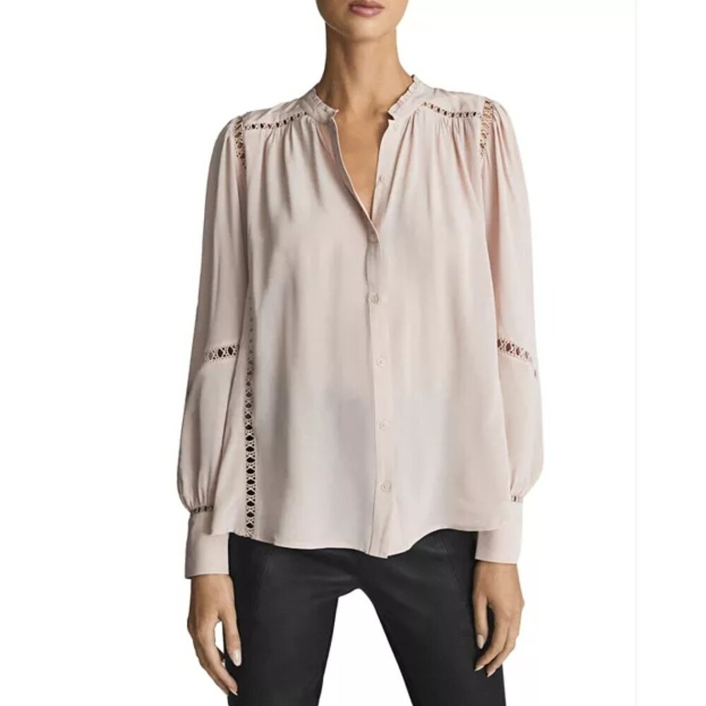 REISS Kalisa Blouse Women's 10 Ladder Trim Lace Long Sleeve Nude Blush Designer